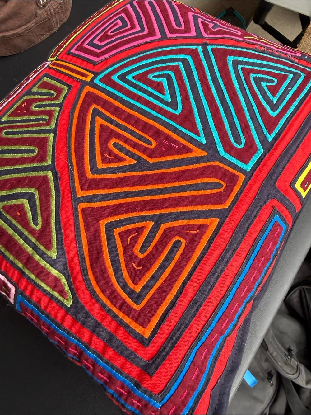 Vibrant Mola Geometric Embroidered Pillow from Panama - Multicolor